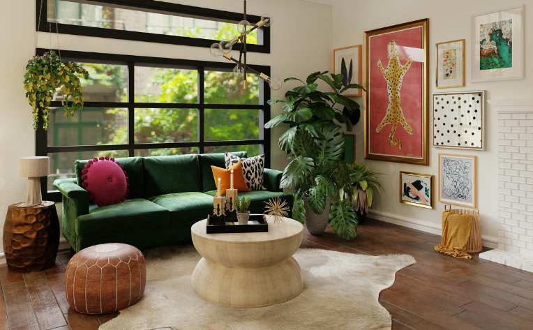 maximalist living room with area rug on hardwood floors, mixed patterns and print